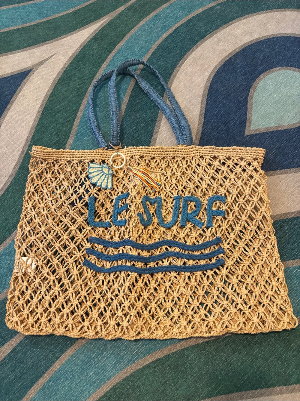 Woven Straw Tote with Blue Embroidery and Handles + bag charm